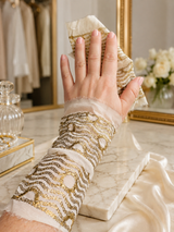 Ivory and Gold Metallic Wave Embroidered Tulle Fabric