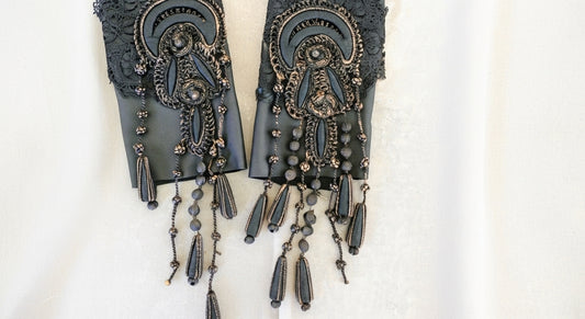 Black leather with vintage brown/blk embroidered applique and tassels Single or Pair: